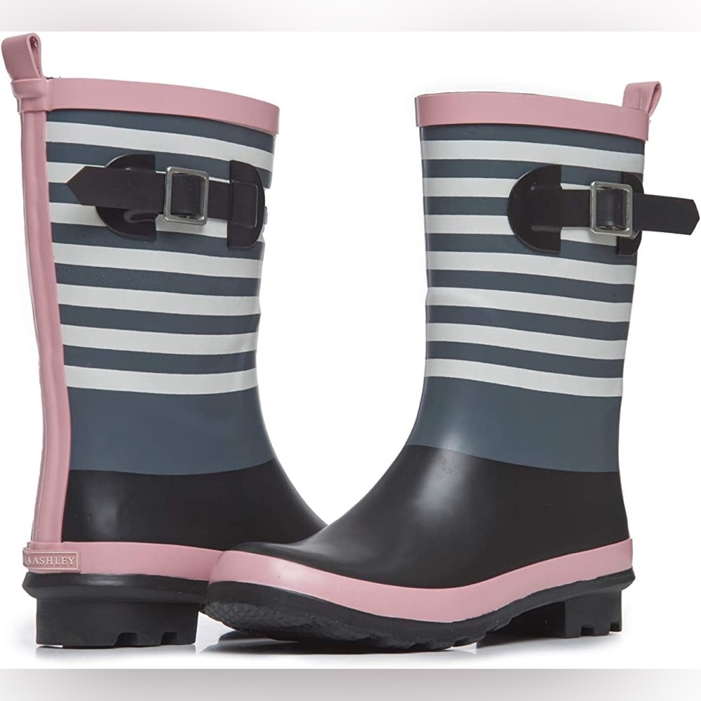 NWOT Laura Ashley High Cut Mid Calf Buckle Rubber Rain Boots
